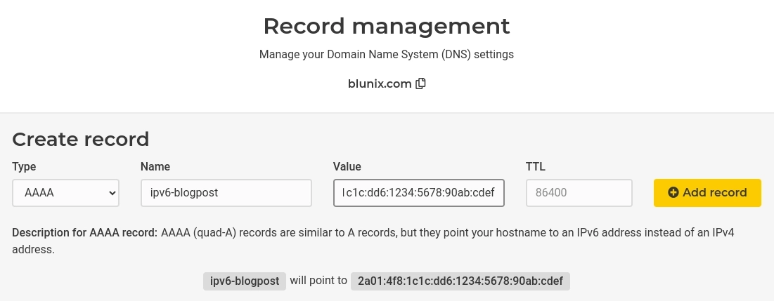 Creating IPv6 Type AAAA DNS Records in the Hetzner DNS Management Webui