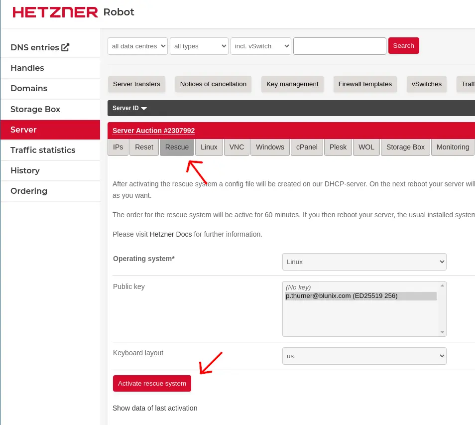 Activate Hetzner rescue system for a dedicated server