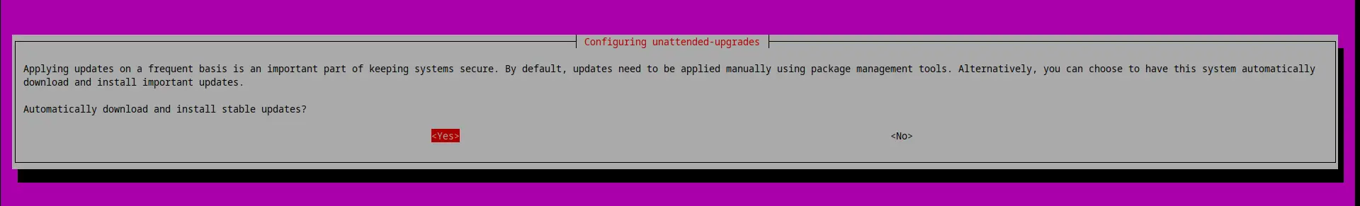 Select Yes on automatically installing apt security upgrades