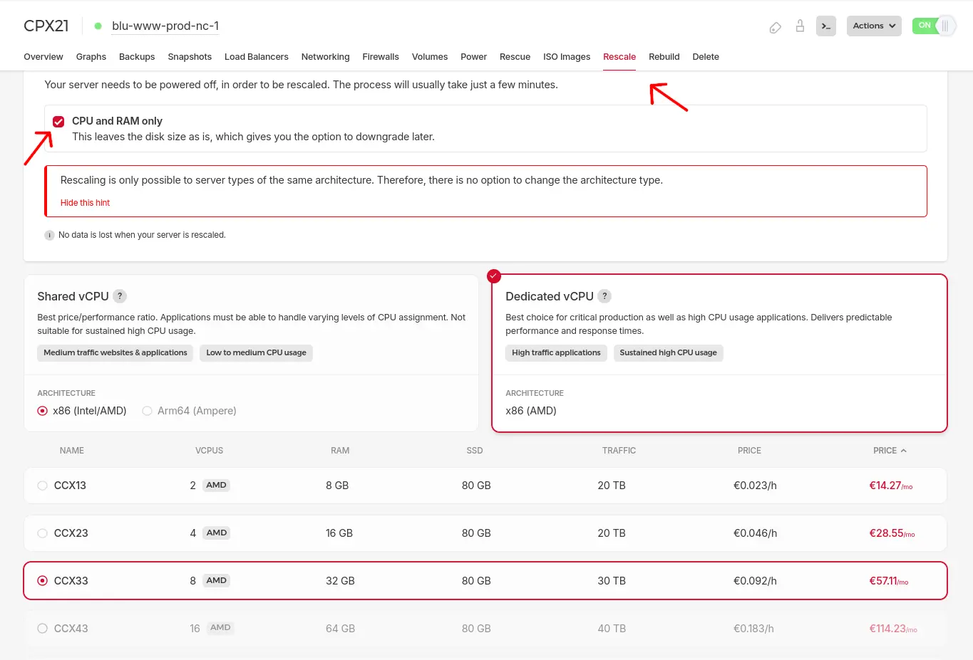 Scale Hetzner Cloud server in the WebUI