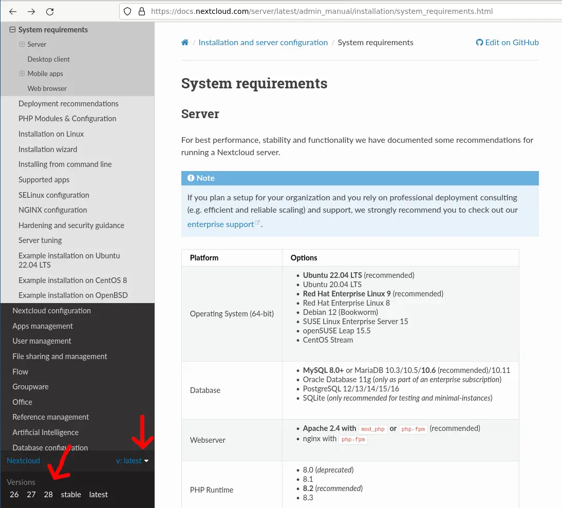 Nextcloud documentation by tag version number