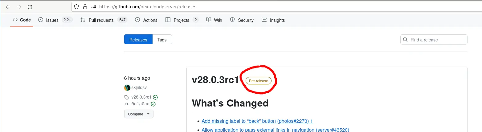 Nextcloud pre-release tag