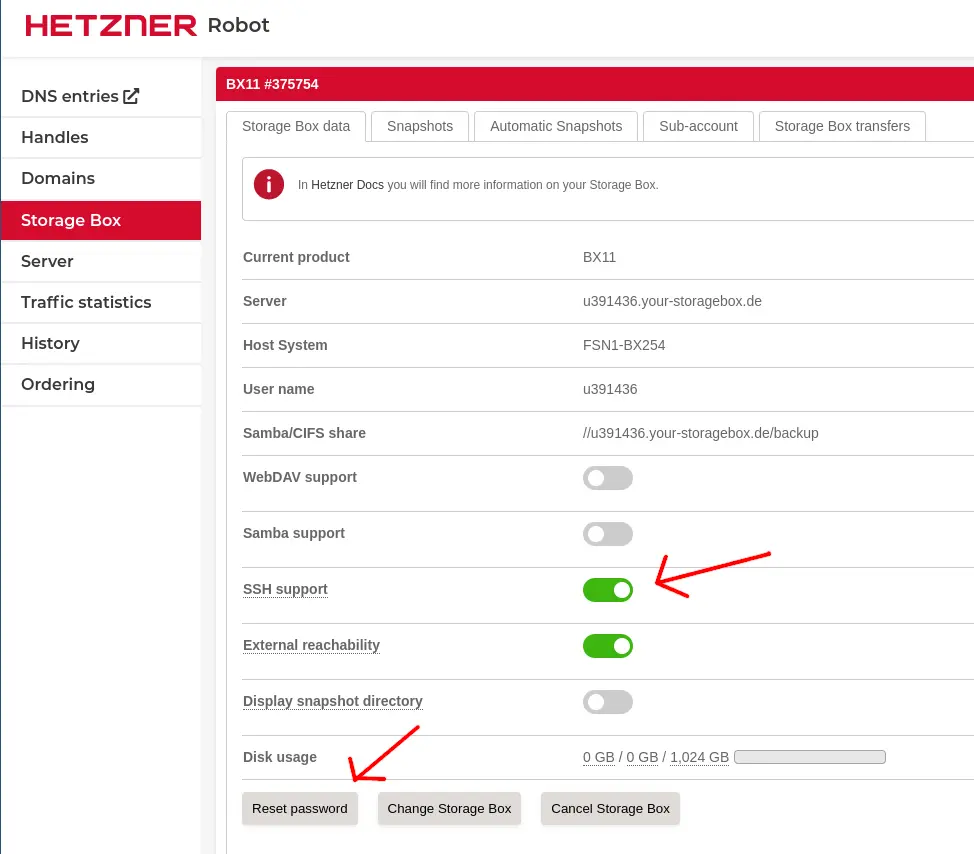 Enabling SSH support for the Storage Box