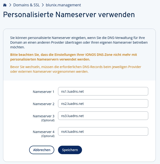 IONOS Setup LUADNS NS Records