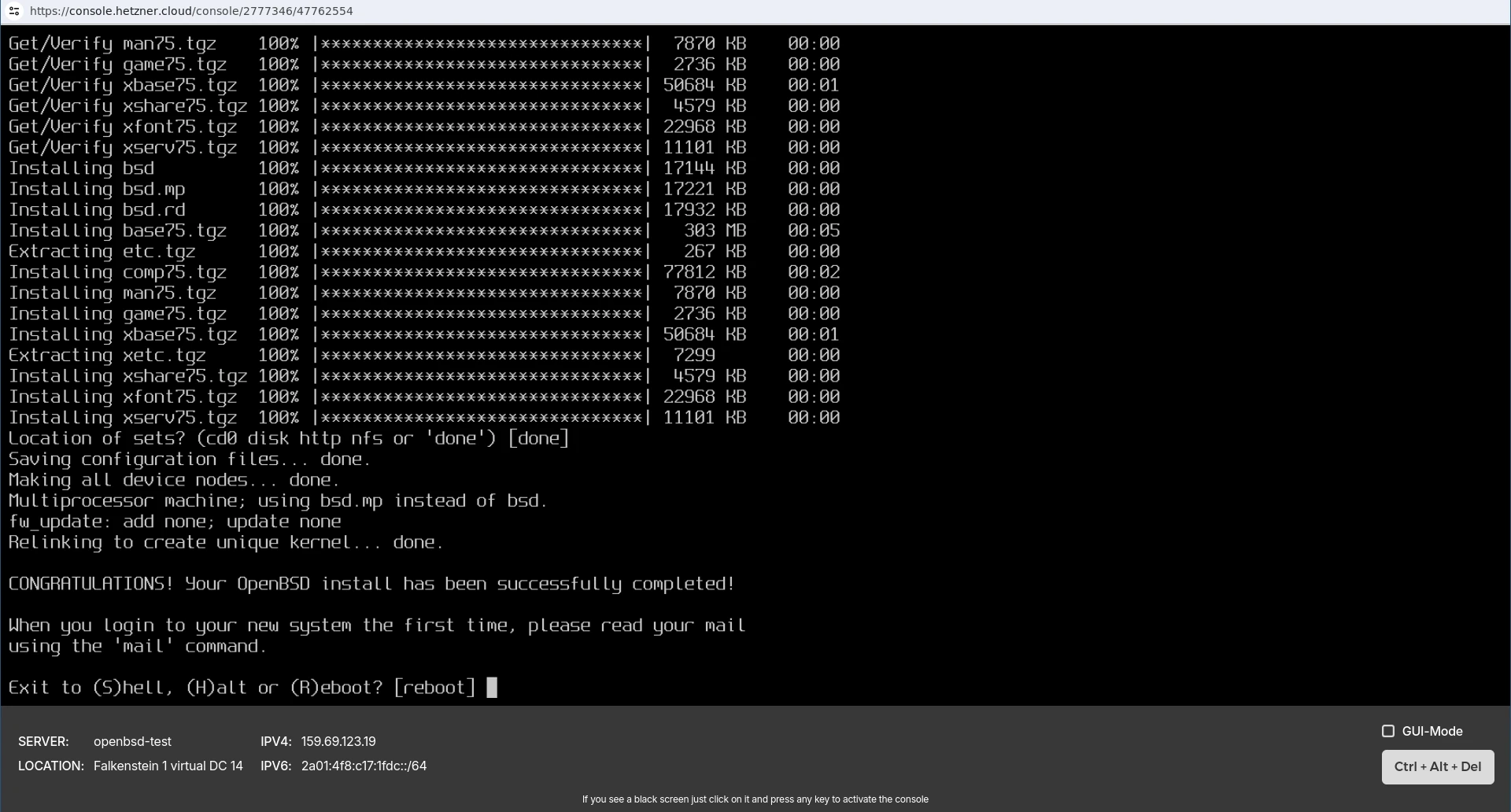 Viewing the finished OpenBSD installation in the Hetzner KVM console