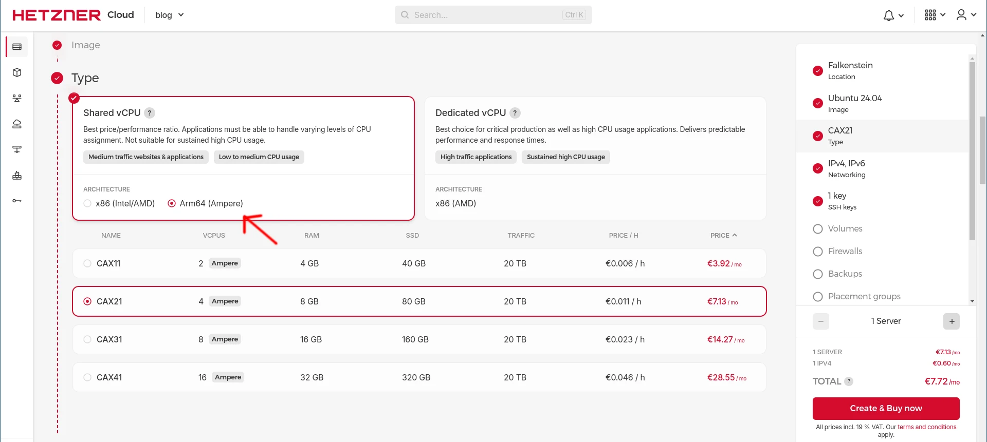 Choosing a ARM cloud server in the Hetzner WebUI