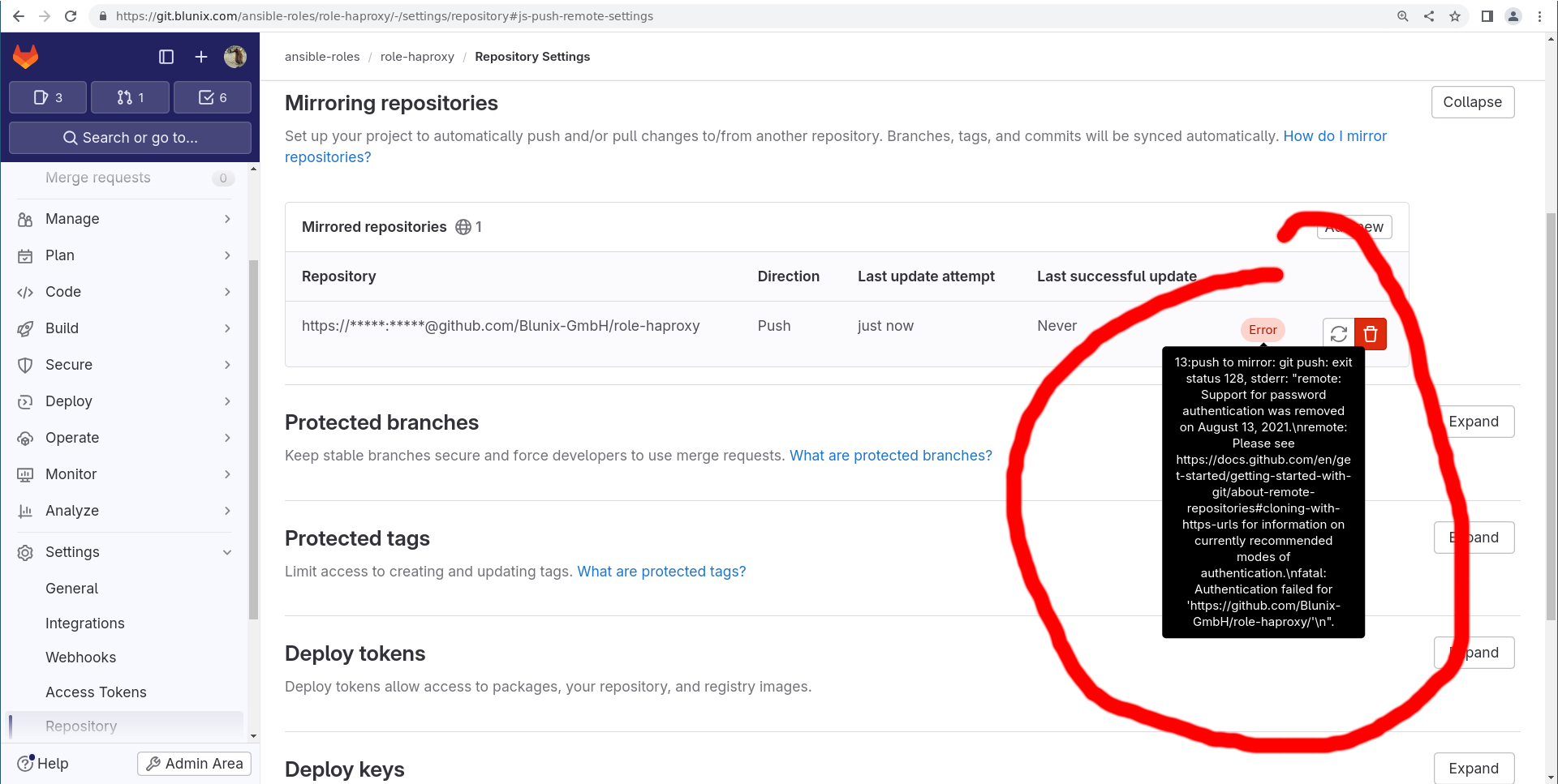 Gitlab Mirror Repository to Github Error