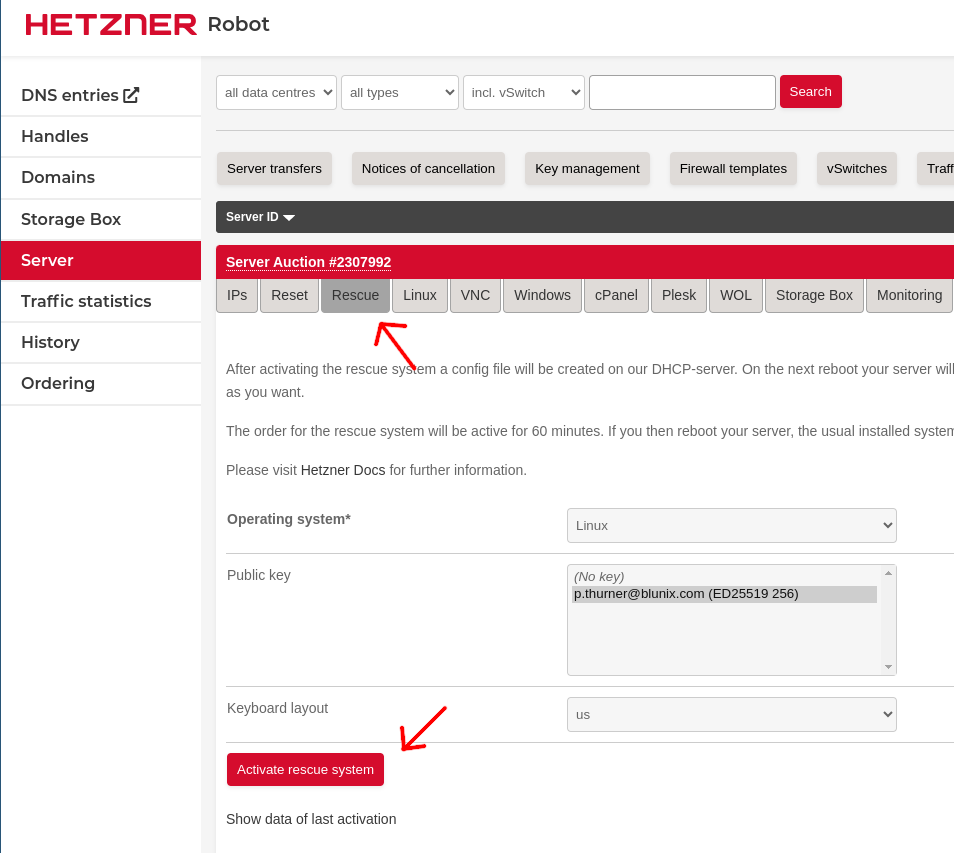 Hetzner Rescue-System für einen dedizierten Server aktivieren
