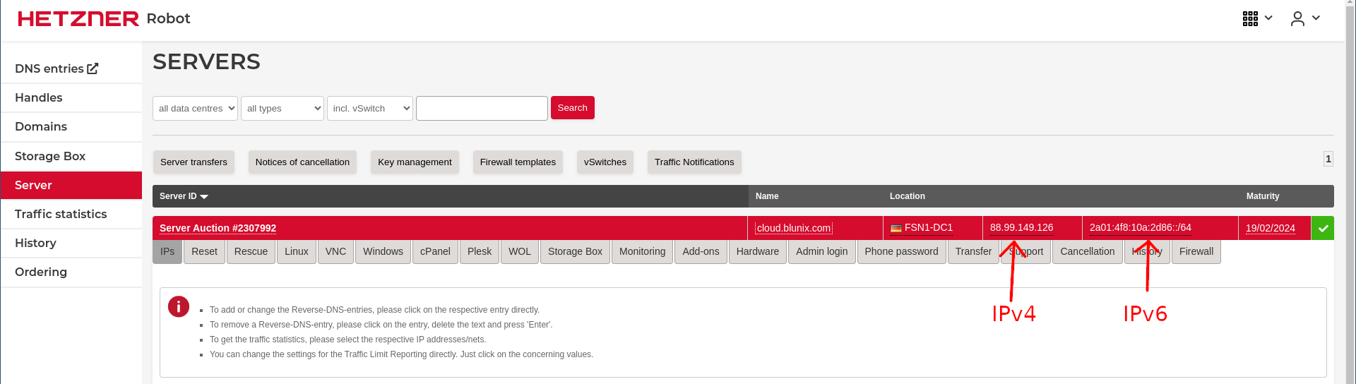 Hetzner WebUI Server-Übersicht
