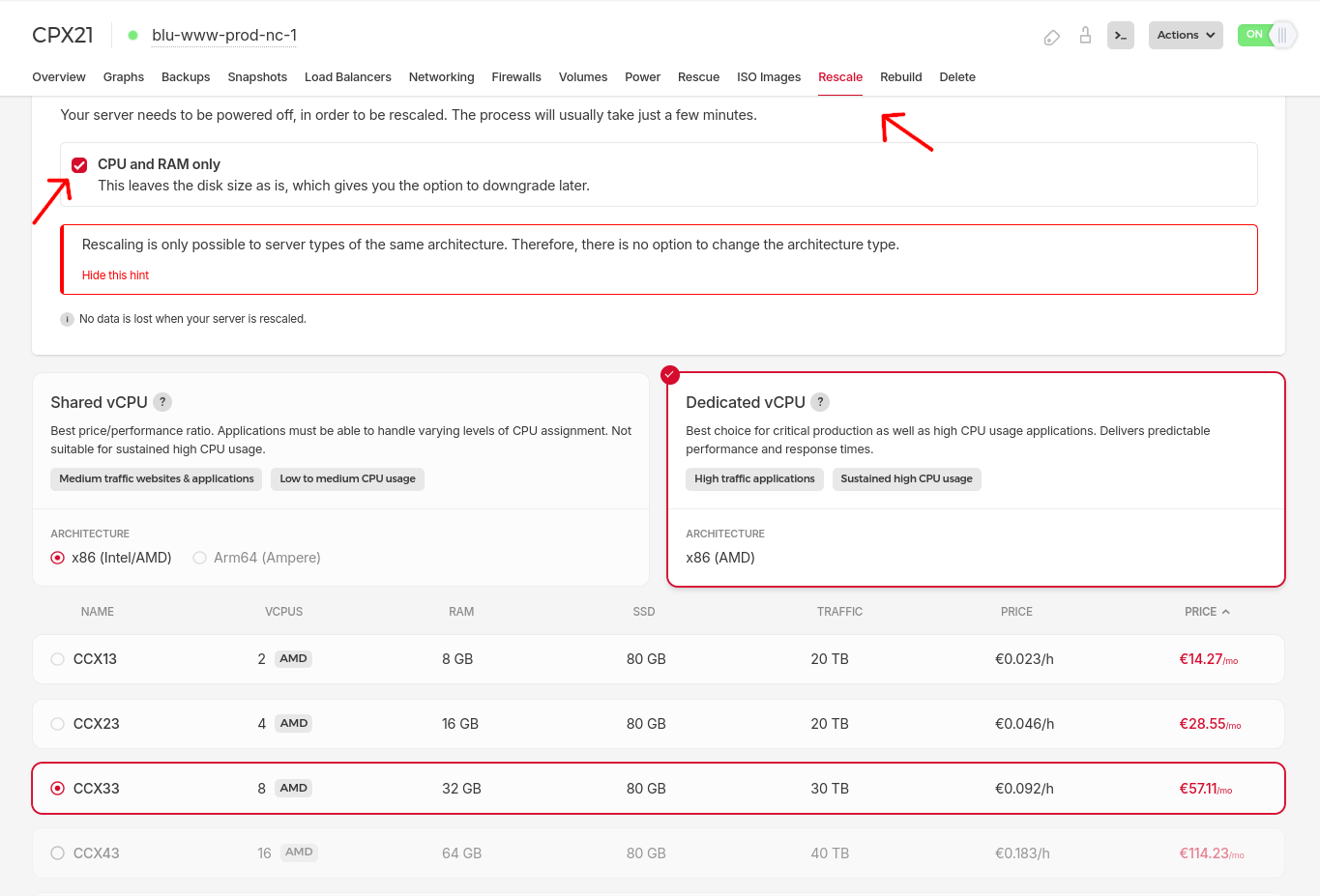 Hetzner Cloud Server in der WebUI skalieren
