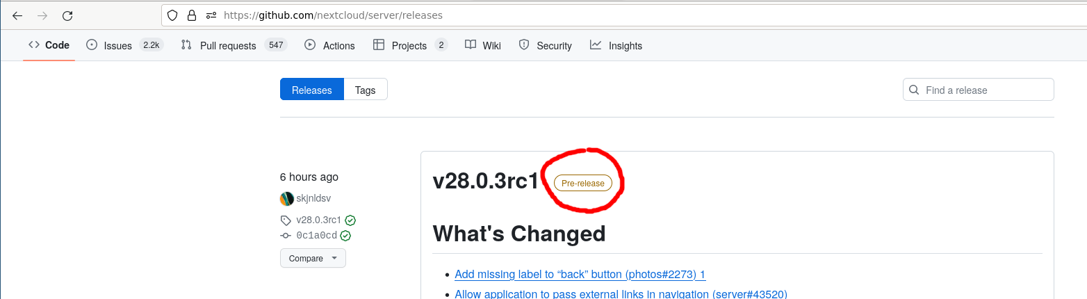 Nextcloud pre-release tag
