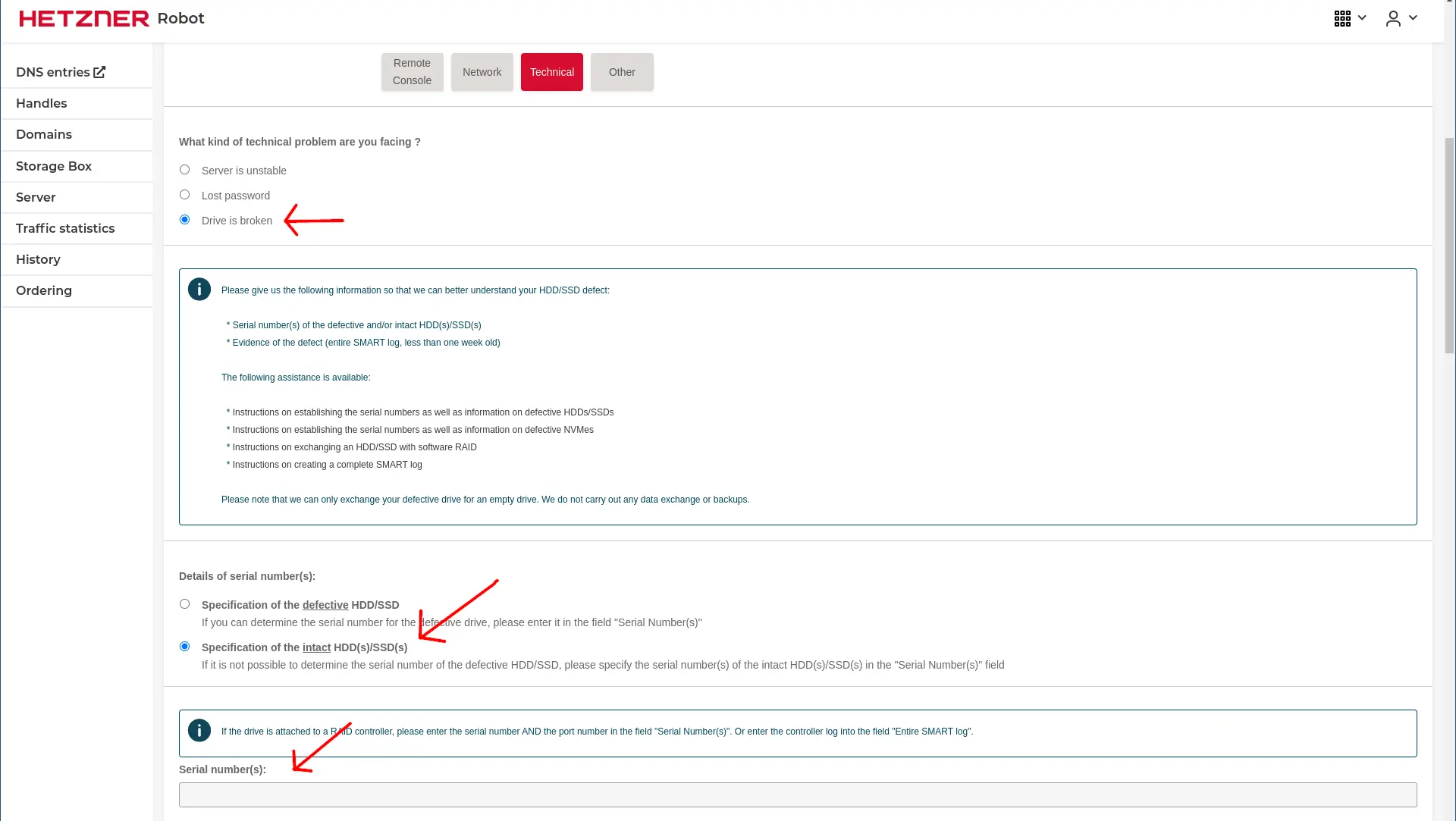 Hetzner request to replace faulty disk drive step 3