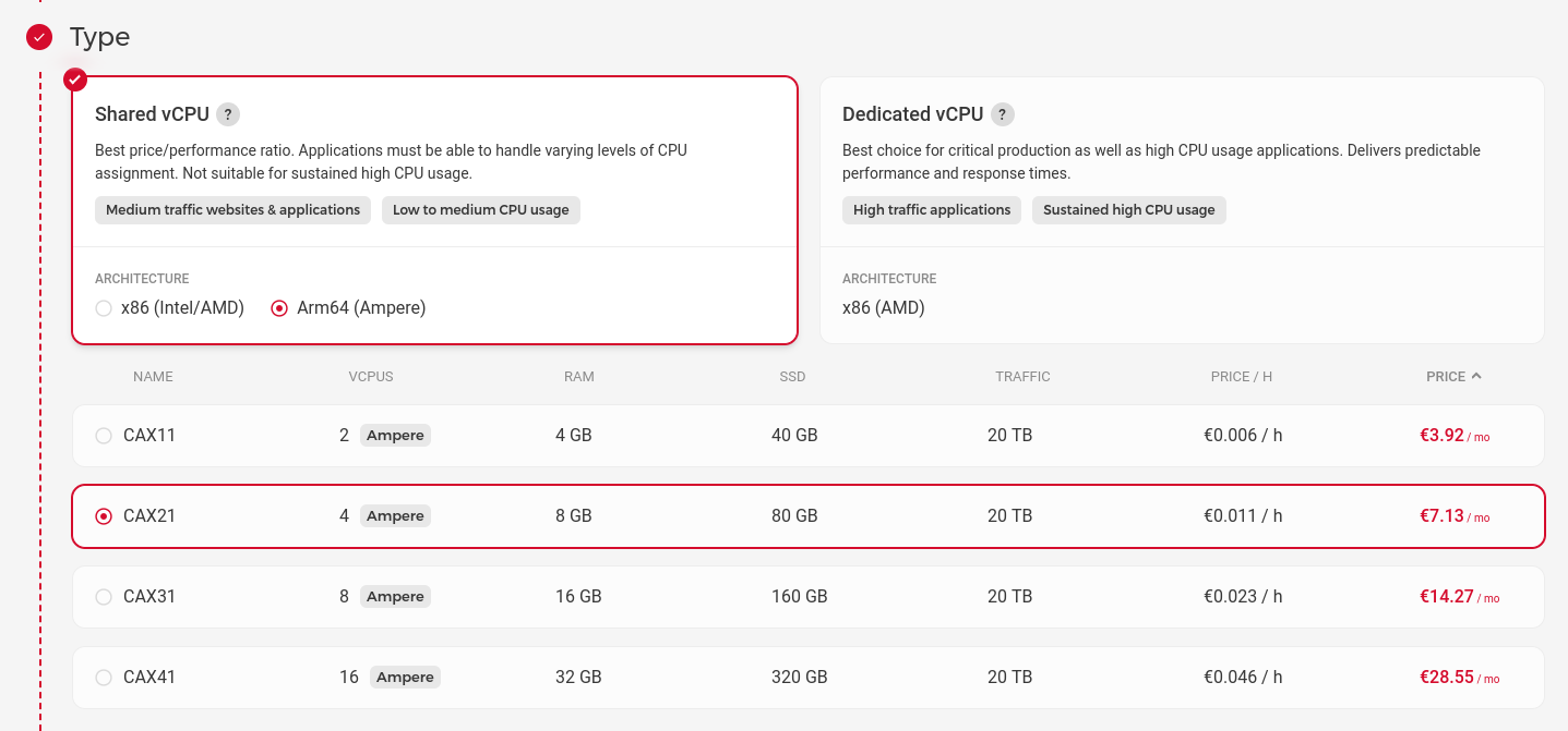 Select the Hetzner Cloud server type