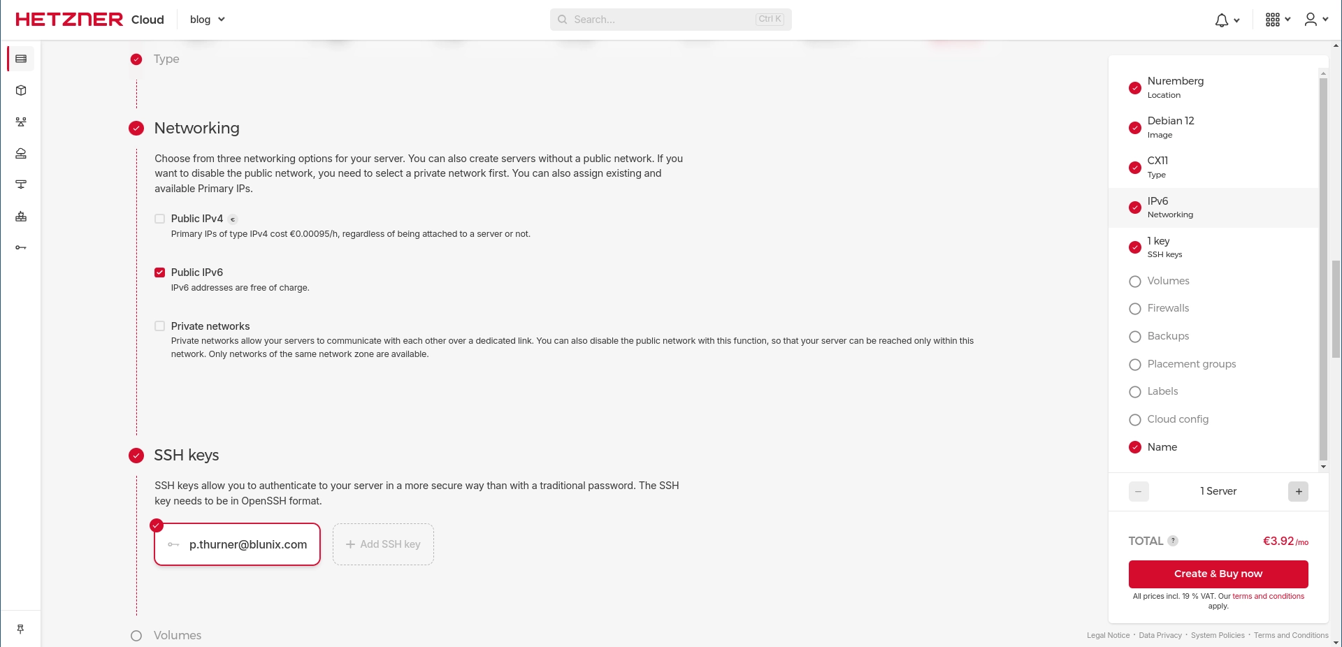 Einen Hetzner-Server mit einer IPv6-Adresse oder einem Subnetz erstellen