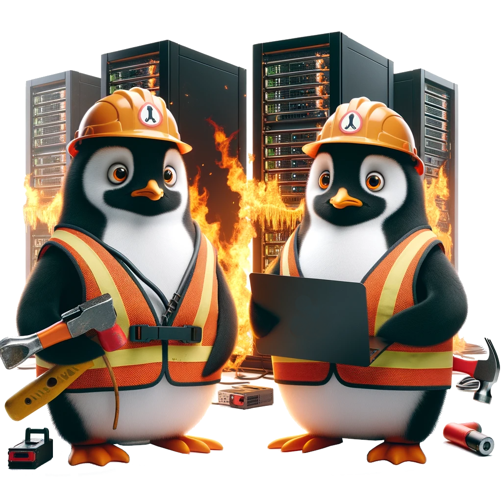 Zwei Pinguine stehen hinter einem brennenden Serverrack