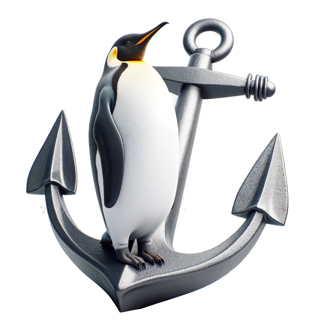 Ein Pinguin steht auf einem Anker