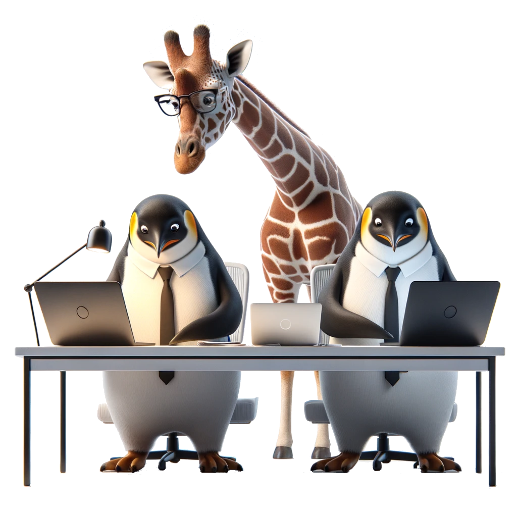 Two penguins are working on a Linux consulting project