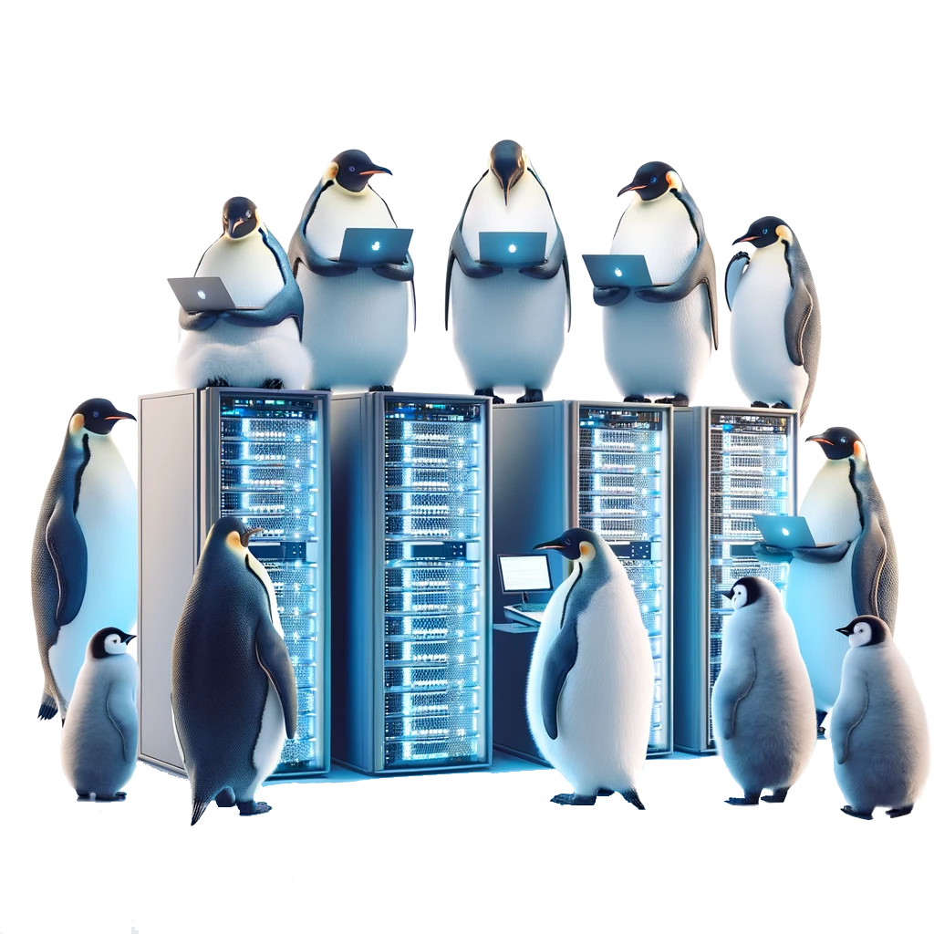A group of emperor penguins are managing several server racks