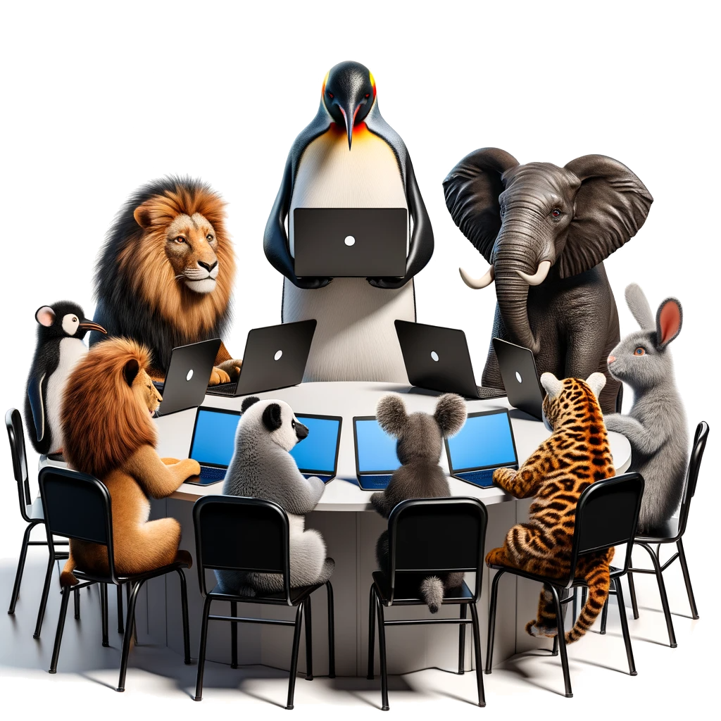 An emperor penguin is teaching Linux to multiple different animals