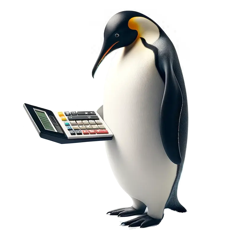 Königspinguin starrt auf einen Taschenrechner