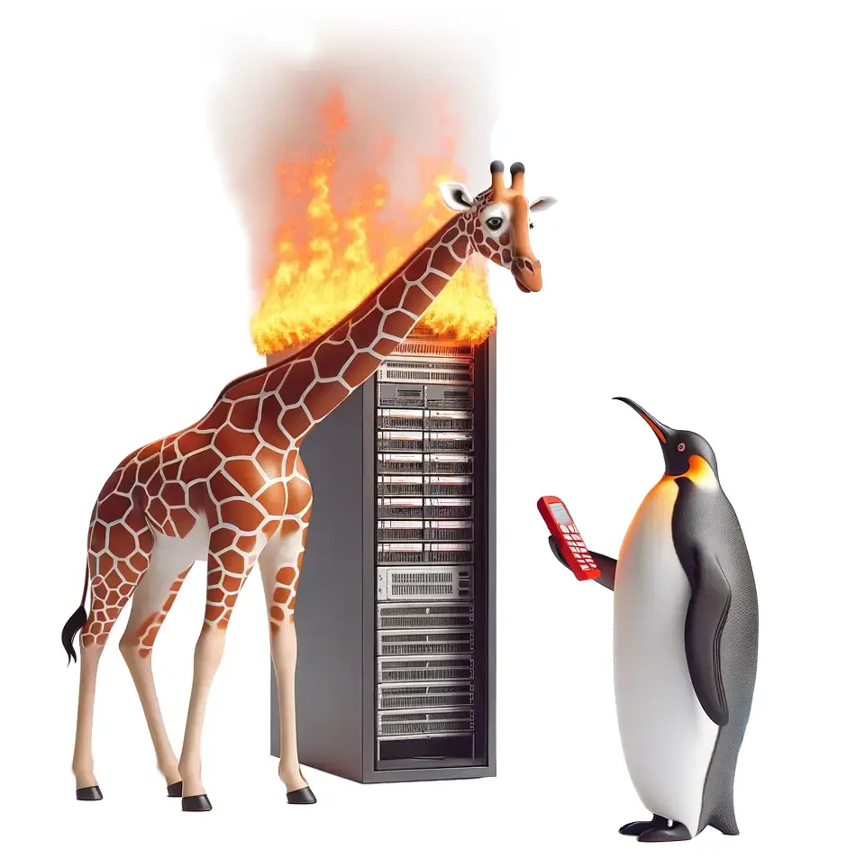 Königspinguin bietet einer Giraffe Hilfe mit Ihrem brennenden Server-Rack an