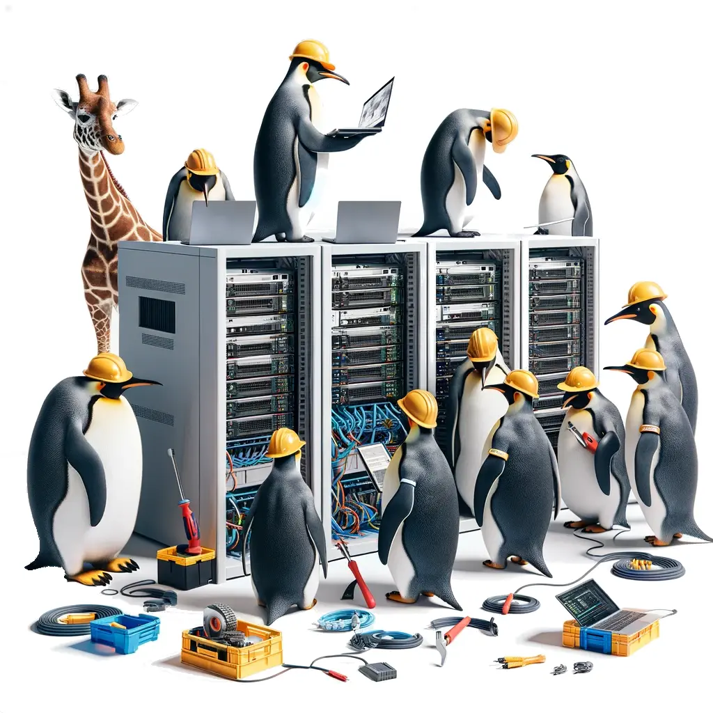 Eine Gruppe von Königspinguinen arbeitet an Server-Schränken